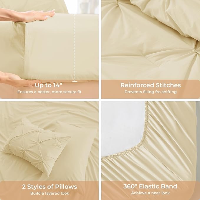 Sasttie King Size Comforter Set, 7-Piece Bed in a Bag, Pintuck Bedding Set for All Season, Includes Comforter, Flat Sheet, Fitted Sheet, Pillowcases and Pillowshams, Pale Yellow