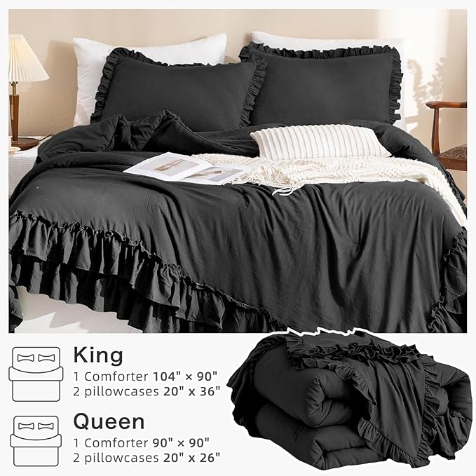 Masaca Black Ruffled Comforter Set Queen,Farmhouse Shabby Boho Chic Bedding,Ultra Soft Fluffy Ruffle Bed Comforter Set 3-Piece (1 Ruffle Comforter+2 Pillow Shams)