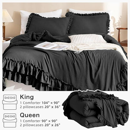 Masaca Black Ruffled Comforter Set Queen,Farmhouse Shabby Boho Chic Bedding,Ultra Soft Fluffy Ruffle Bed Comforter Set 3-Piece (1 Ruffle Comforter+2 Pillow Shams)