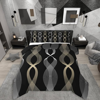 Erosebridal Black and Gold Twin Bedding Set, Gold Striped Abstract Comforter Set for Men Women Adults Teens, Contemporary Boho Modern Art Quilt, Ombre Geometric Stripes Artistic Comforter