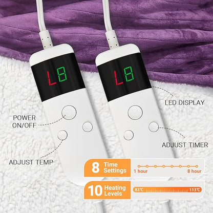Electric Heated Blanket Twin Size 62''x84'' Soft Flannel & Sherpa Electric Blanket with 10 Heating Levels, Automatically Shut Down After 8h with Overheat Protection Machine Washable