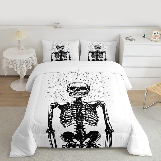 Erosebridal Halloween Skeleton Twin Bedding Set, Gothic Skull Comforter Set for Kids Boys Teens Men Bedroom Decor, Spooky Halloween Comforter, Skull Quilt with 1 Pillowcase