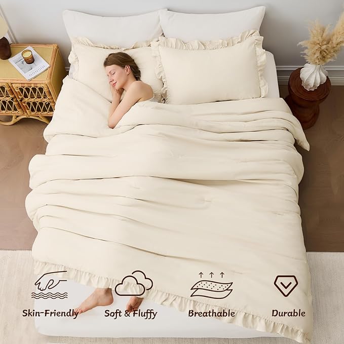 FUANNA Full Size Comforter Sets Cream White, 3 Pieces Ruffle Full Size Bedding Sets, Fluffy Bed in a Bag Full for All Seasons, Shabby Chic Full Bed Set with 1 Lightweight Comforter & 2 Pillowshams
