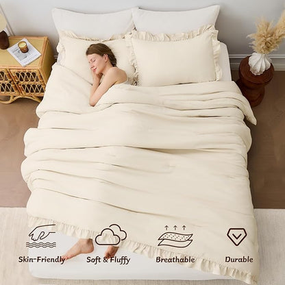 FUANNA Full Size Comforter Sets Cream White, 3 Pieces Ruffle Full Size Bedding Sets, Fluffy Bed in a Bag Full for All Seasons, Shabby Chic Full Bed Set with 1 Lightweight Comforter & 2 Pillowshams