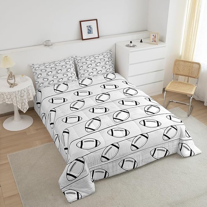 Manfei Football Comforter Set King Size, Sports Gaming Theme Bedding Set for Kids Boys Girls Room Decor, Grey Wooden Plank Down Comforter, Soft Polyester Quilt Set,2 Pillowcases
