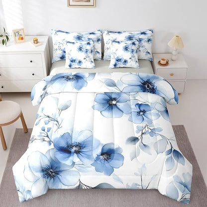 Erosebridal Blue Flower Queen Comforter Set with Sheets for Women, Boho Floral 7 Pcs Bedding Set for Girls, Aesthetic Watercolor Flower Bed Sets, Ink Painting Style Blossom & Leaf Bed in A Bag