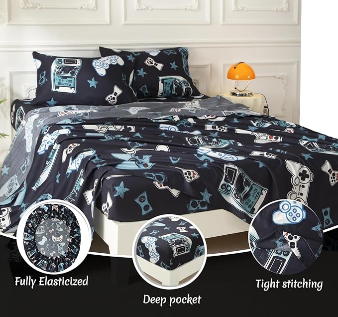 SDY 7PCS Twin Gaming Console Comforter & Sheet Set，Soft Cute Gamer Microfiber Bedding for Kids, Boys & Toddlers Room Decor,Includes 1 Comforter, 1 Flat&Fitted Sheet, 2 Pillowcases & 2 Pillow Shams