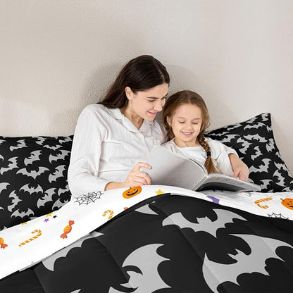 Erosebridal Gray Bat Bedding Set Full Size Halloween Bat Comforter Set Spooky Goth Gothic Animal Bed Sets Horror Halloween Duvet Quilt Sets for Kids Teens Adults