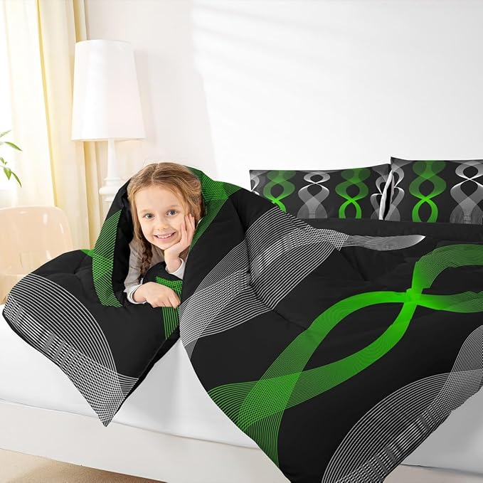 Erosebridal Green and Black Abstract Bedding Set Twin, Green Striped Comforter Set, Contemporary Boho Modern Art Comforter, Gradient Geometric Stripes Aesthetic Wavy Line Quilt for Men Adults Bedroom