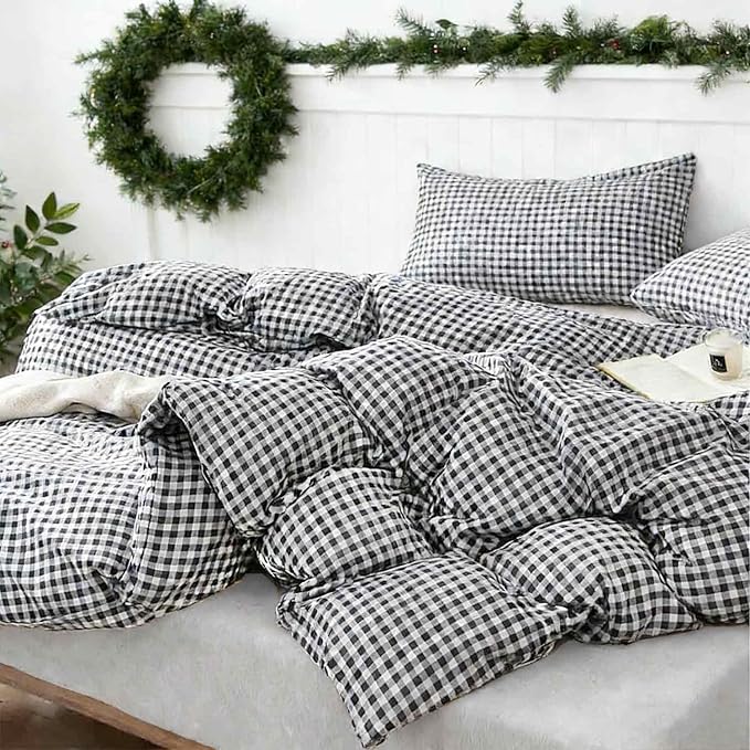 ETDIFFE Black Gingham Comforter Set King Size, 3 Piece Boho Grid Bedding Set - Soft and Lightweight Buffalo Checkered Plaid Microfiber Down Alternative Bed Comforter (104x90)
