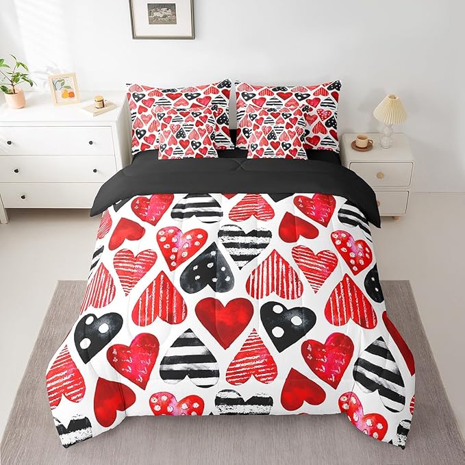 Feelyou Valentine's Day 7 Piece Bedding Set Full Size Red Black Heart-Shaped Comforter Set with Sheets for Adult Polka Dot Bed in a Bag Romantic Bed Set