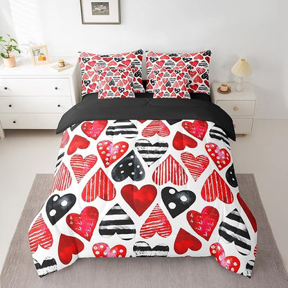 Feelyou Valentine's Day 7 Piece Bedding Set Full Size Red Black Heart-Shaped Comforter Set with Sheets for Adult Polka Dot Bed in a Bag Romantic Bed Set