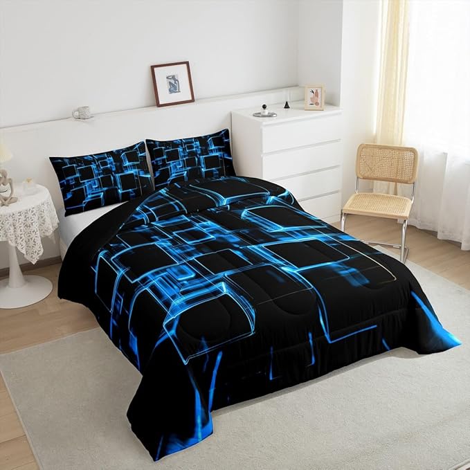 Erosebridal Blue and Black Kids Comforter Set, Modern Geometric Square Bedding for Boys Girls Gradient Neon Light Honeycomb Duvet Insert Abstract Bed Set Queen 3 Pieces