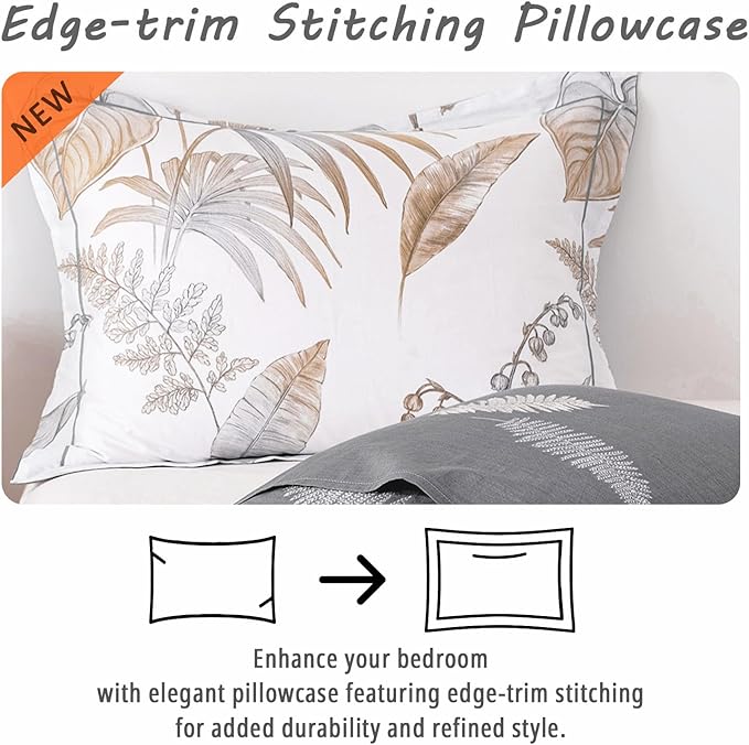 Natural Cotton 3pcs Floral Comforter Sets Queen Size-Gray Comforter with Luxurious Brown Branches and Taupe & Gray Leaves on White, Reversible Lightweight Bedding Sets(Queen)