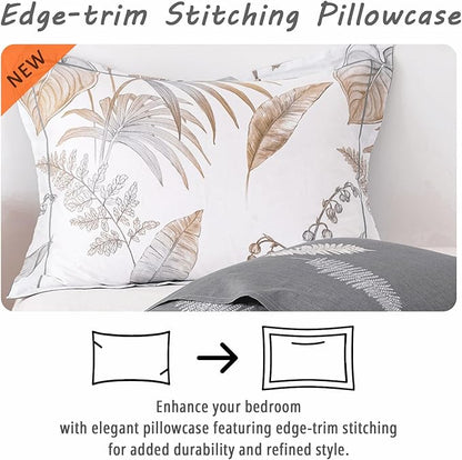 Natural Cotton 2pcs Floral Comforter Sets Twin Size-Gray Comforter with Luxurious Brown Branches and Taupe & Gray Leaves on White, Reversible Lightweight Bedding Sets(Twin 68"×90")