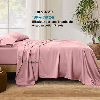 100% Egyptian Cotton Queen Size Bed Sheets, 600 Thread Count Luxury Bedding Set, Long Staple Cotton, 4 Piece Set - 1 Fitted Sheet, 1 Flat Sheet & 2 Pillowcases, Fits Upto 16" Mattress - Blush