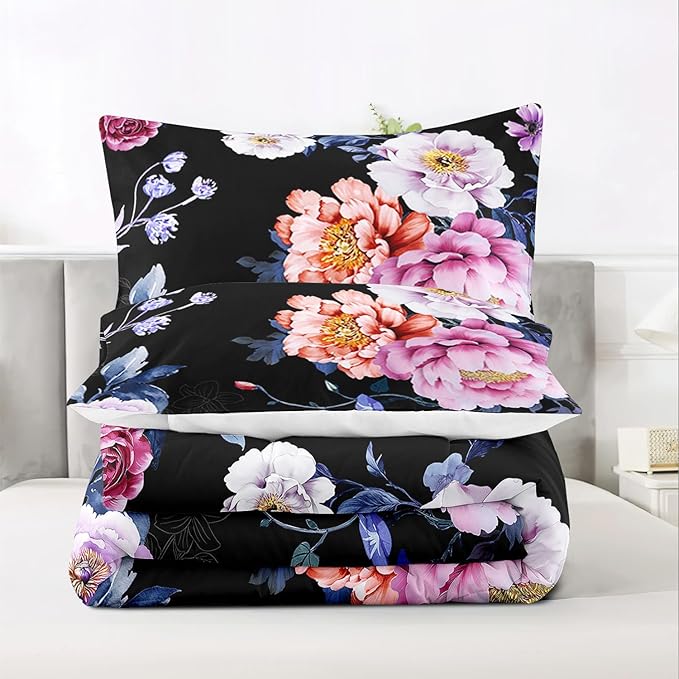 Raphus Cucullatus Dark Floral Bedding Queen Comforter Set, Black and Pink Goth Boho Botanical Bedding, Pretty Floral Bed Set