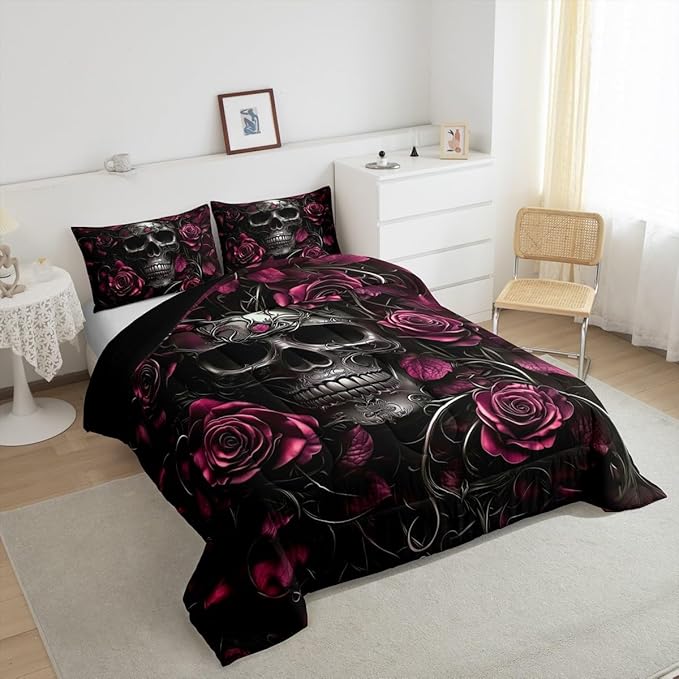 Erosebridal Gothic Skull Bedding Set for Adluts Kids Teens Goth Twin Comforter Set Vintage Victorian Romantic Hot Pink Rose Floral Quilt Spooky Grunge Skeleton Boho Horror Bedding,Gothic Decor