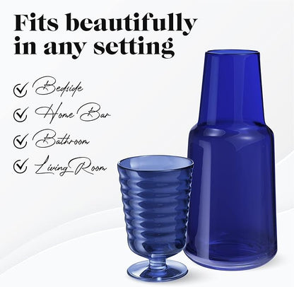 American Atelier 32 oz Bedside Water Carafe Set – 11" Ribbed Glass Pitcher with Footed Cup Lid, Covered Drinking Decanter for Nightstand, Guest Room, Office & Bathroom Accent, Elegant Glassware (Navy)