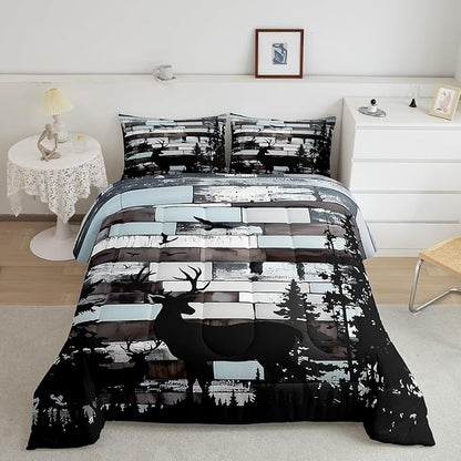 Feelyou Cute Deer Bedding Set Wild Animal Hunt Comforter Set for Kids Boys Girls Pine Trees Retro Comforter Hunting Theme Quilt Set Bedroom Collection 3Pcs King Size