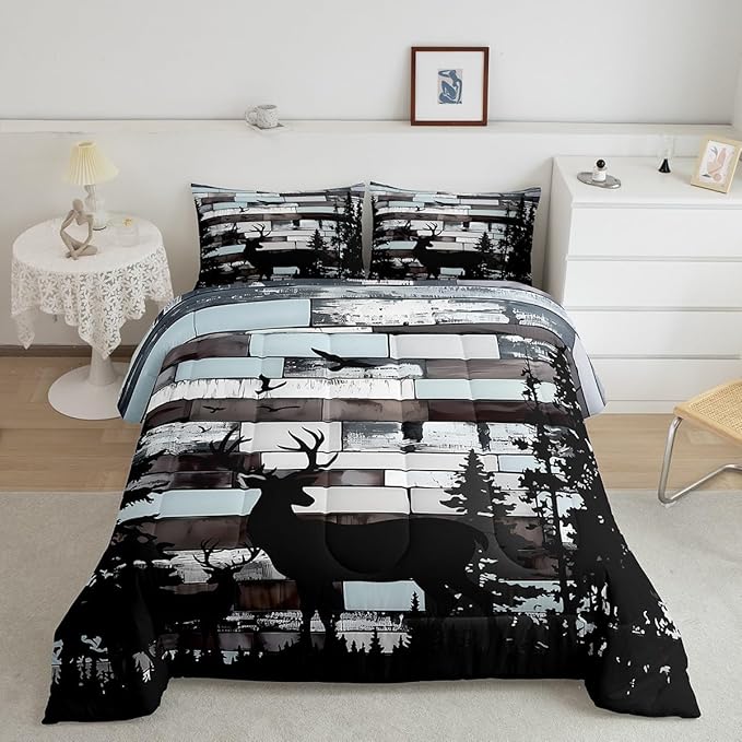 Feelyou Cute Deer Bedding Set Wild Animal Hunt Comforter Set for Kids Boys Girls Pine Trees Retro Comforter Hunting Theme Quilt Set Bedroom Collection 2Pcs Toddler Size