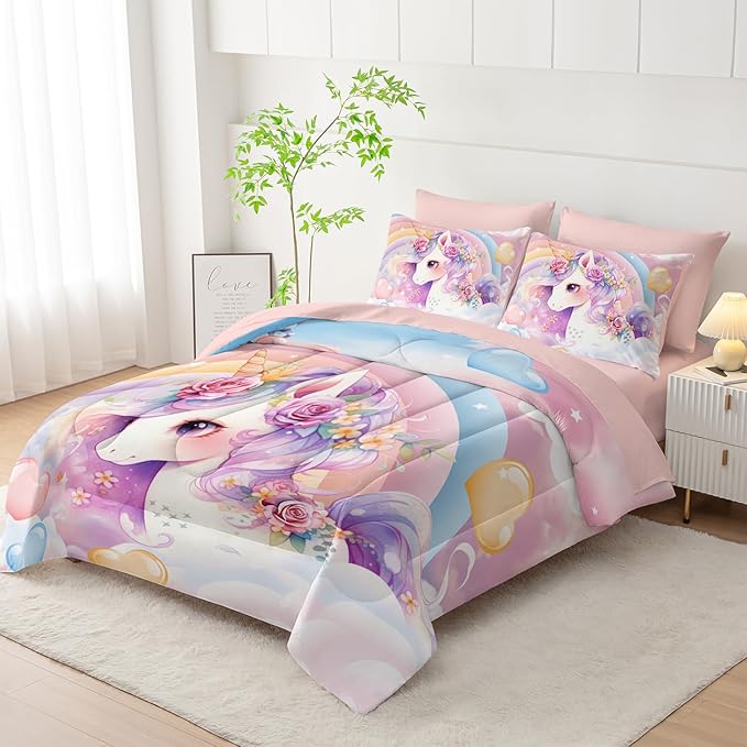 Kawaii Rainbow Unicorn Comforter Set Twin for Girls Kids,Cute Cartoon Unicorn 7 Pieces Bedding Sets for Girls Room Decor,Kawaii Down Alternative Comforter Set for All Season