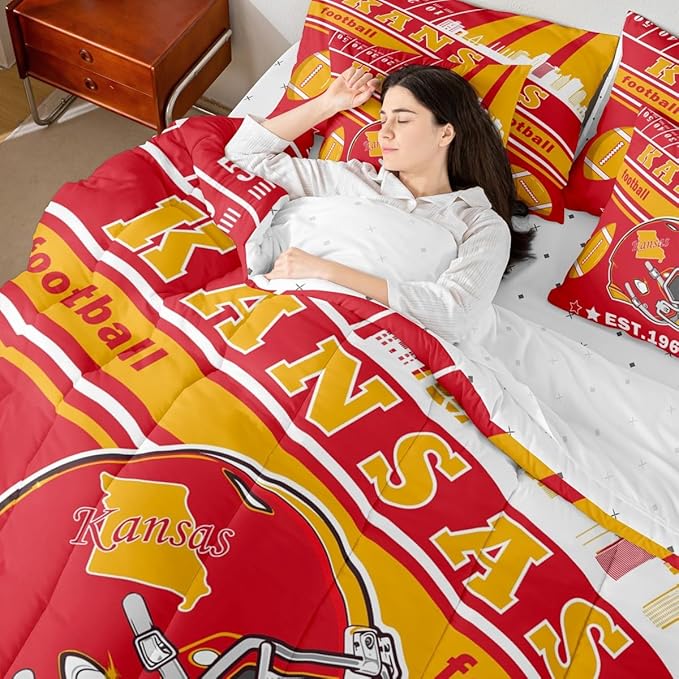 Feelyou Football 7 Pieces Comforter Sets Twin Size Kids Rugby Sports Bedding Set for All Season Football City Bed in a Bag with Comforter, Sheets, Pillowcases & Cushion Cover
