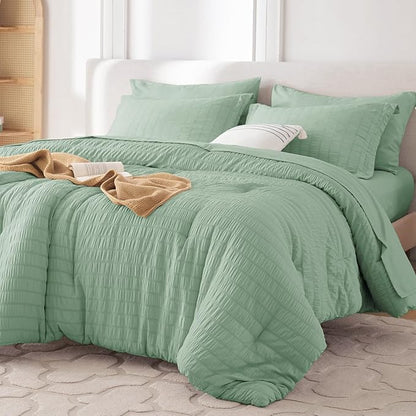 MUXHOMO 7 Pieces King Comforter Set, Seersucker Bed in a Bag King Size, All Season Luxury Bedding Set with Comforter, Flat Sheet, Fitted Sheet, Pillowcases & Shams, Sage Green