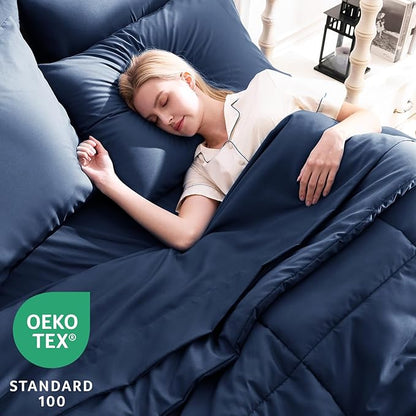 CozyLux California King Comforter Sets Navy Blue, 7 Pieces Cal King Bed in a Bag, All Season Bedding Sets with Stitch Quilted Comforter, Flat Sheet, Fitted Sheet, Pillowcases