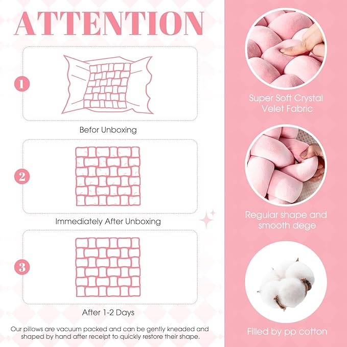 Wenqik 2 Pcs Knot Pillows Square Knotted Plush Throws Soft Accent Pillows Decoration Cushion for Couch Home Office Living Room Bedroom Bed Sofa Decor, 12'' x 13''(Pink,Crystal Velvet)