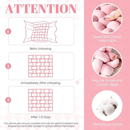 Wenqik 2 Pcs Knot Pillows Square Knotted Plush Throws Soft Accent Pillows Decoration Cushion for Couch Home Office Living Room Bedroom Bed Sofa Decor, 12'' x 13''(Pink,Crystal Velvet)
