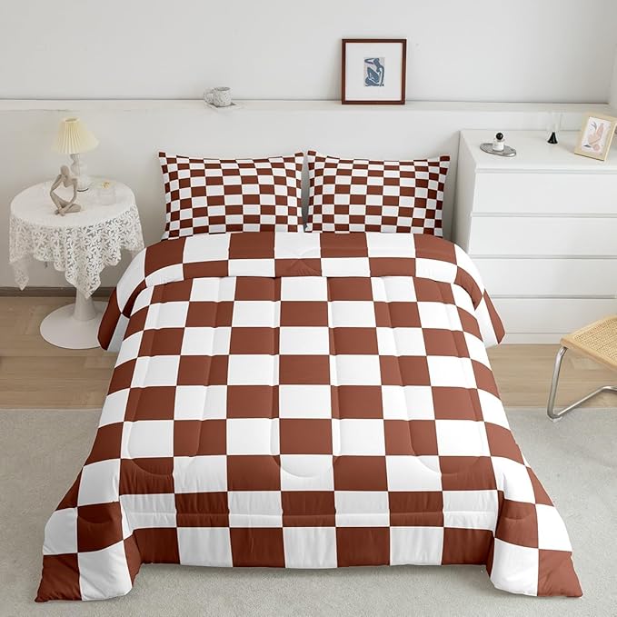 Feelyou Checkered Bedding Set Teen Women Men Coffee Brown White Plaid Comforter Set Full Size Kids Boys Girls Cute Retro Neutral Checkerboard Geometric Duvet Insert Vintage Aesthetic Room Decor