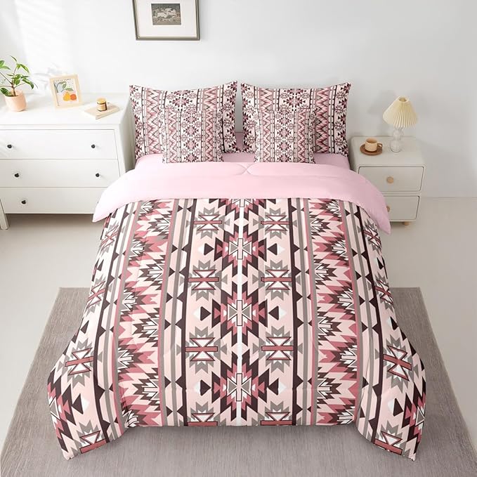 Erosebridal Pink Southwestern Bedding Set King 7 Piece Exotic Aztec Nordic Style Comforter Set Western Ethnic Geometric Stripes Bed in A Bag for Adults Rustic Tribal Native Bohemian Decor