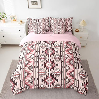 Erosebridal Pink Southwestern Bedding Set Full 7 Piece Exotic Aztec Nordic Style Comforter Set Western Ethnic Geometric Stripes Bed in A Bag Rustic Tribal Native Bohemian Quilt with Flat Fitted Sheet