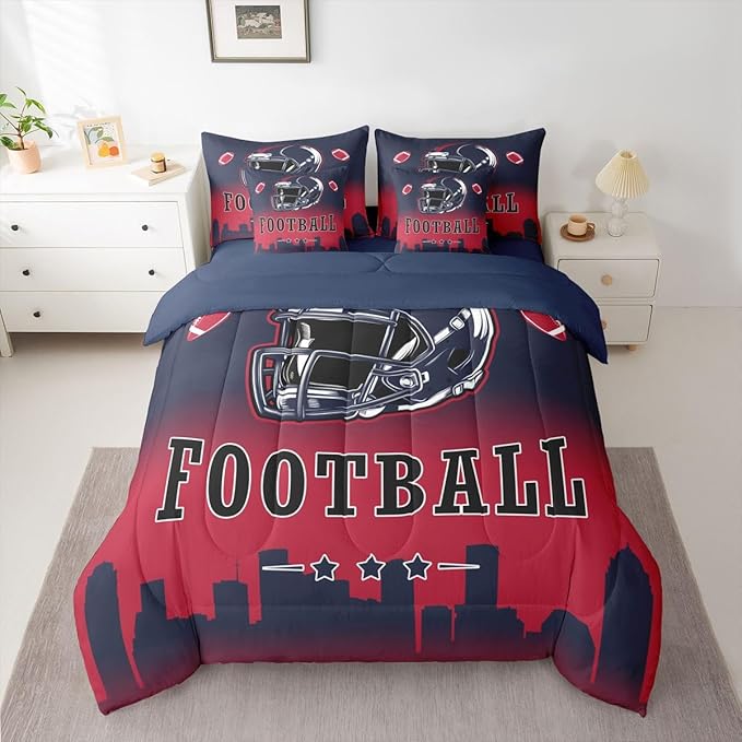 Erosebridal American Soccer City Bed in A Bag King Size for Kids Boys Teen Adults,Sports Rugby Comforter Set with Sheets Red Blue Ombre 7 Piece Bedding Set Ball Competitive Games Bed Set