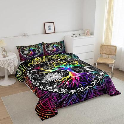 Tree of Life Comforter Set King Size,Colorful Sun and Moon Bedding Set for Men Women,Psychedelic Mandala Flowers Quilt Lightweight,Galaxy Stars Tribal Duvet Insert with 2 Pillow Shams Bedroom Decor