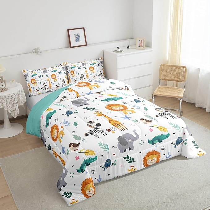 Erosebridal King Size Zoo Animal Comforter Set, Giraffe Lion Elephant Bedding Set, Cute Wild Animals Down Comforter for Kids Teens Boys Girls Bedroom, Cartoon Safari Wildlife Quilt,Lightweight