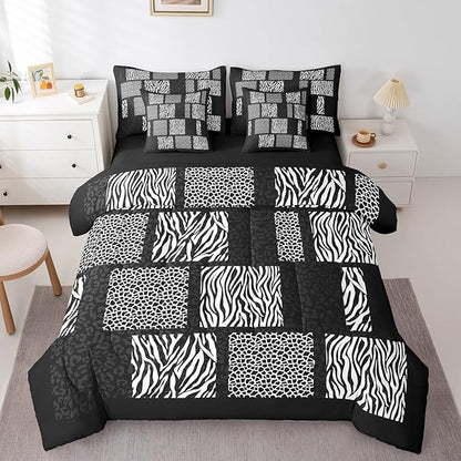 Wildlife Animal Fur Print Comforter Set Queen Size,Leopard Cheetah Zebra Skin 7Pcs Bed in a Bag with Comforter,Sheets and Pillow Cases,3D Patchwork Texture Bed Sets for Women Adults Bedroom Decor