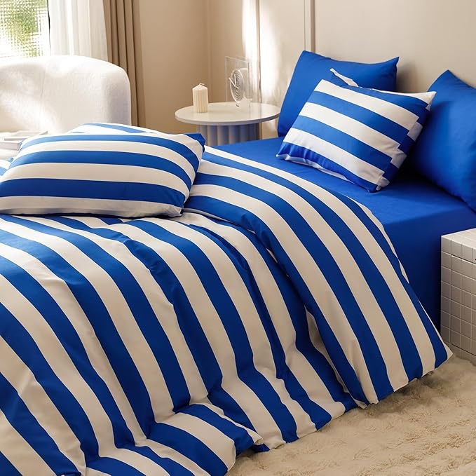Houseri Blue and White Striped Comforter Set California King 3 Piece Blue Stripes Bedding Cal King Size Lightweight Bed Set Soft Comfy Quilt Blanket Cali King