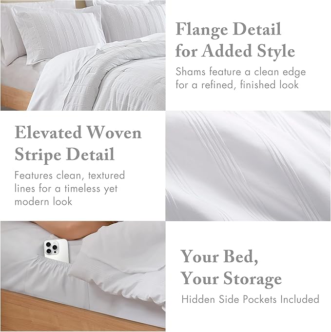 Madison Park Essentials Striped Comforter Set Cal King, 7 Pieces Modern Minimalist Jacquard Bedding Set for All Season, Bed in A Bag with Sheet Set and Soft Brushed Reverse, Lightweight White