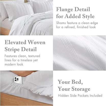 Madison Park Essentials Striped Comforter Set Cal King, 7 Pieces Modern Minimalist Jacquard Bedding Set for All Season, Bed in A Bag with Sheet Set and Soft Brushed Reverse, Lightweight White