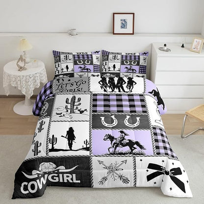 Western Cowgirl Bow Comforter Set Full Size,Cactus Horseshoes Cowgirl Boot Bedding Set,Girls Women Room Decor,Cow Skull Geometric Plaids Patchwork Down Comforter,Rustic Duvet Insert,2 Pillowcases