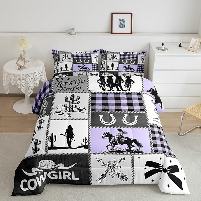 Western Cowgirl Bow Comforter Set Queen Size,Cactus Horseshoes Cowgirl Boot Bedding Set,Girls Women Room Decor,Cow Skull Geometric Plaids Patchwork Down Comforter,Rustic Duvet Insert,2 Pillowcases