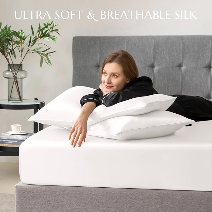 THXSILK 100% Mulberry Silk Fitted Sheet Set, 7A+ Silk 3 Pieces Bed Sheets, Breathable, Smooth, 16 Inch Deep Pocket Fitted Sheet, 2 Pillowcases - White, California King