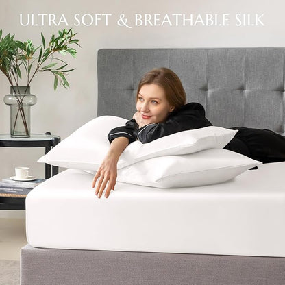 THXSILK 100% Mulberry Silk Fitted Sheet Set, 7A+ Silk 3 Pieces Bed Sheets, Breathable, Smooth, 16 Inch Deep Pocket Fitted Sheet, 2 Pillowcases - White, California King