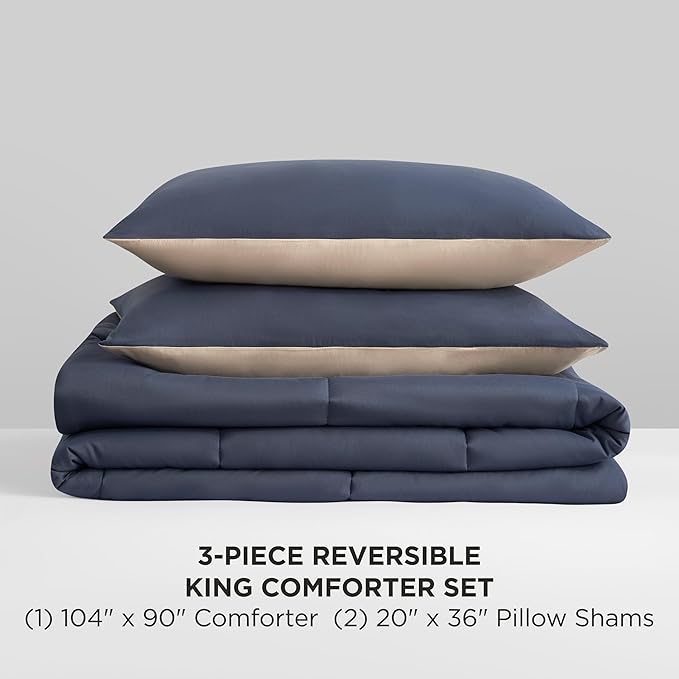 Reversible Box Stitch Comforter Set, 3-Piece King – Navy Blue/Tan – Stylish Bedding Set