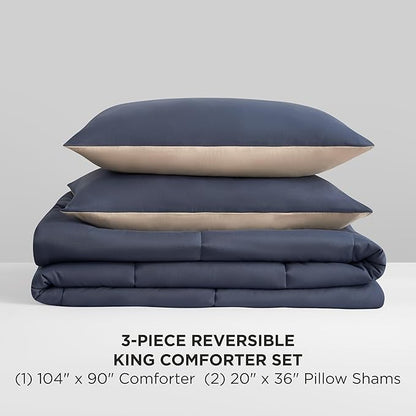 Reversible Box Stitch Comforter Set, 3-Piece King – Navy Blue/Tan – Stylish Bedding Set