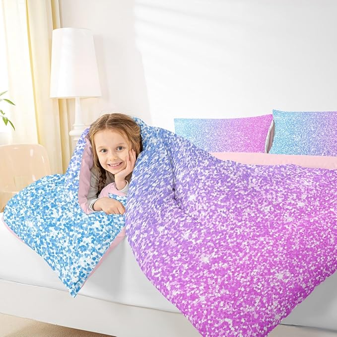 Colorful Glitter Bedding Twin Girly Turquoise Teal Blue Pink Pastel Girls Comforter Set 2 Pcs Trendy Quilt Duvet for Kid Women Down Comforter with Sparkle Sequin Pattern Bling Bedroom Decor Bed Cover