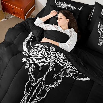 Erosebridal Bull Skull 7 Piece Bedding Set King Bohemian Comforter Set with Sheets Simple Line Drawing Bull Head Aztec Bed in a Bag Rose Leaf Print Black White for Teens Men Women