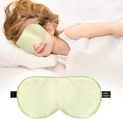 Kids Sleep Mask Eye Cover, 100% Real Natural Pure Silk Eye Mask with Adjustable Strap, Blindfold Kids Eye Mask for Sleeping, Eye Shade for Boys Girls and Adult, Pressure-Free Comfort (Light Green)